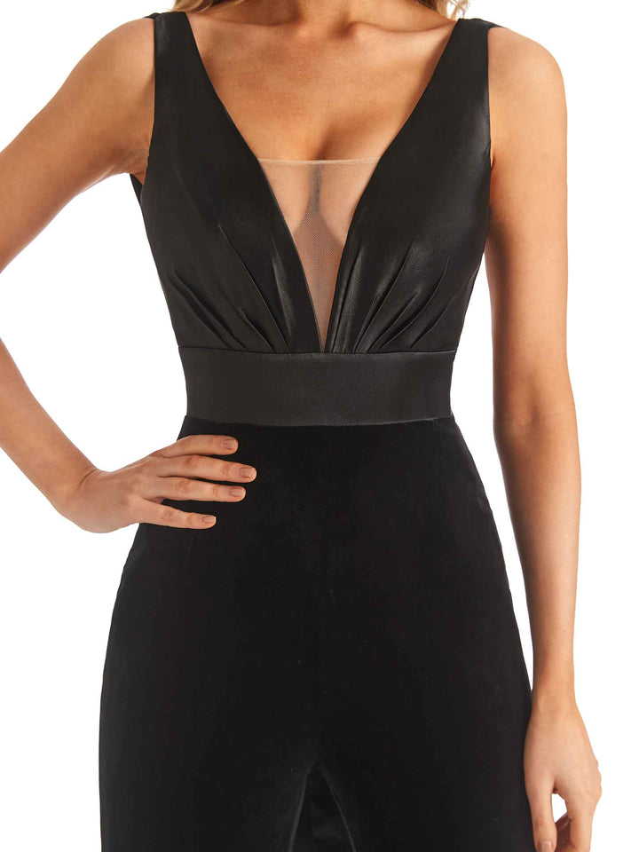 Unique V-neck Open Back Velvet Long Winter Petite Jumpsuit For Wedding Guest