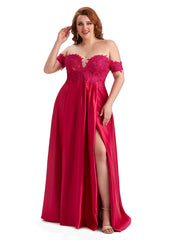 ChicSew Satin Long Plus Size Bridesmaid Dresses Online Off The Shoulder Sexy Side Split Lace / Lace Satin Bridesmaid Dress, Fuchsia