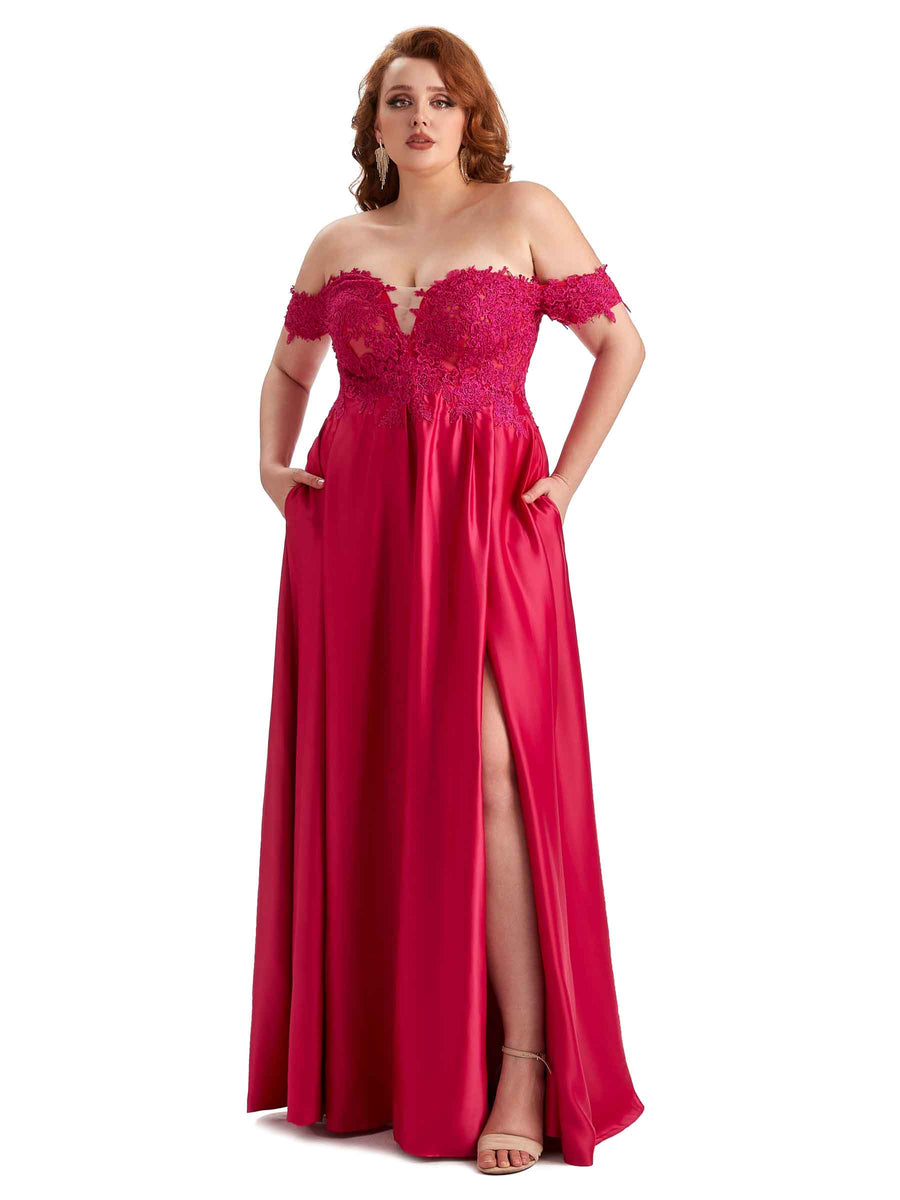 Plus Size Off Shoulder Side Slit Lace Soft Satin Long Bridesmaid Dresses For Wedding