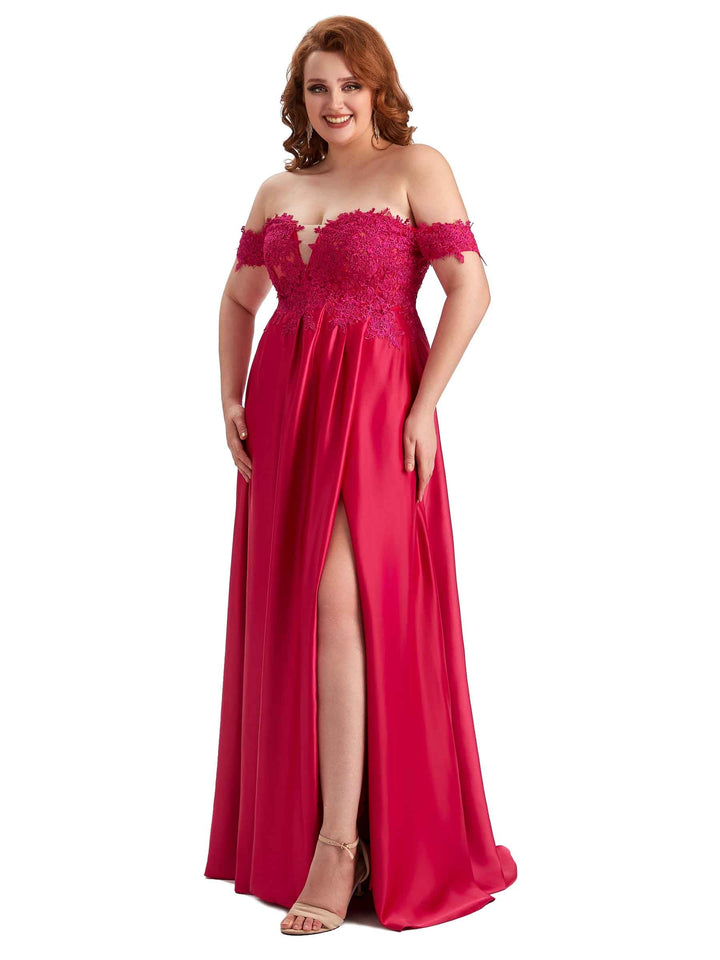 Plus Size Off Shoulder Side Slit Lace Soft Satin Long Bridesmaid Dresses For Wedding