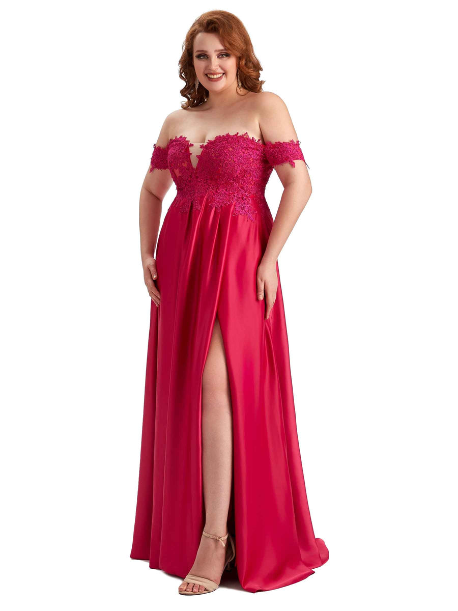 Plus Size Off Shoulder Side Slit Lace Soft Satin Long Bridesmaid Dresses For Wedding