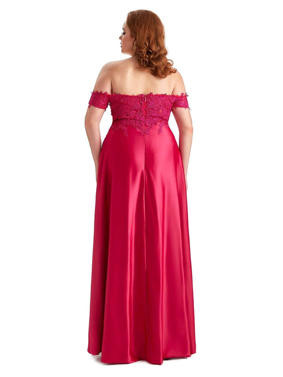 Plus Size Off Shoulder Side Slit Lace Soft Satin Long Bridesmaid Dresses For Wedding