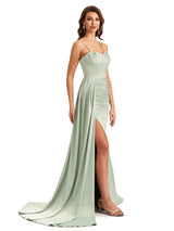 Sexy Spaghetti Straps Side Split Mermaid Unique Long Bridesmaid Dresses in Satin