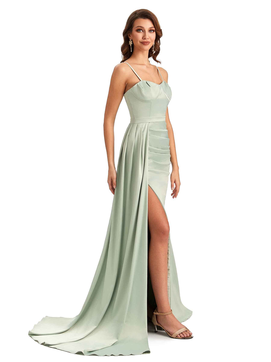 Sexy Spaghetti Straps Side Split Mermaid Unique Long Bridesmaid Dresses in Satin