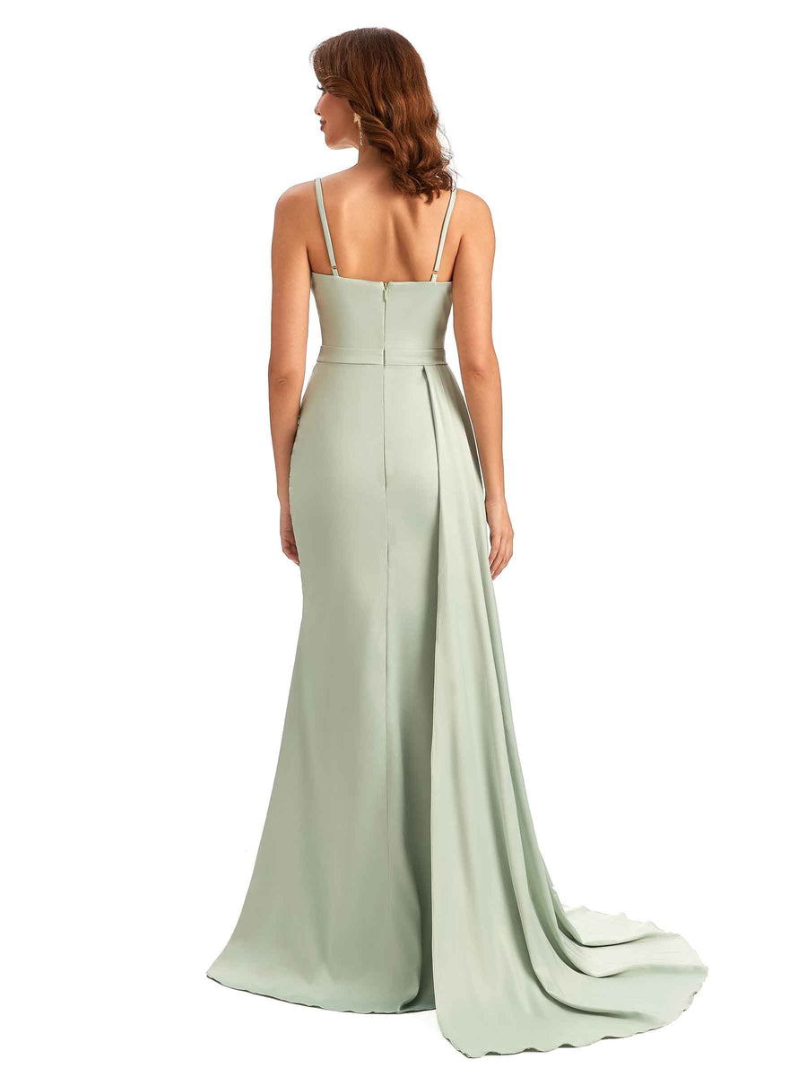 Sexy Spaghetti Straps Side Split Mermaid Unique Long Bridesmaid Dresses in Satin