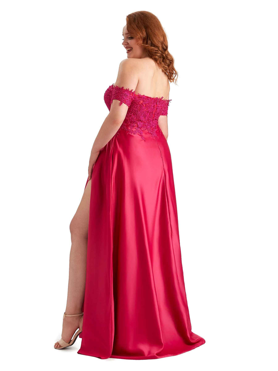 Plus Size Elegant Off The Shoulder Side Slit Lace Soft Satin Long Bridesmaid Dresses Online
