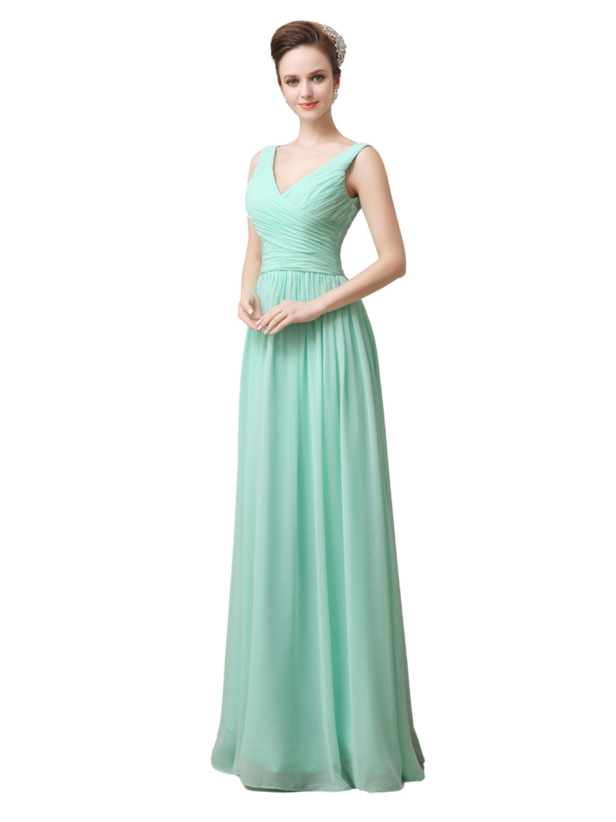 V-Neck Chiffon A-line Floor-Length Long Bridesmaid Dresses