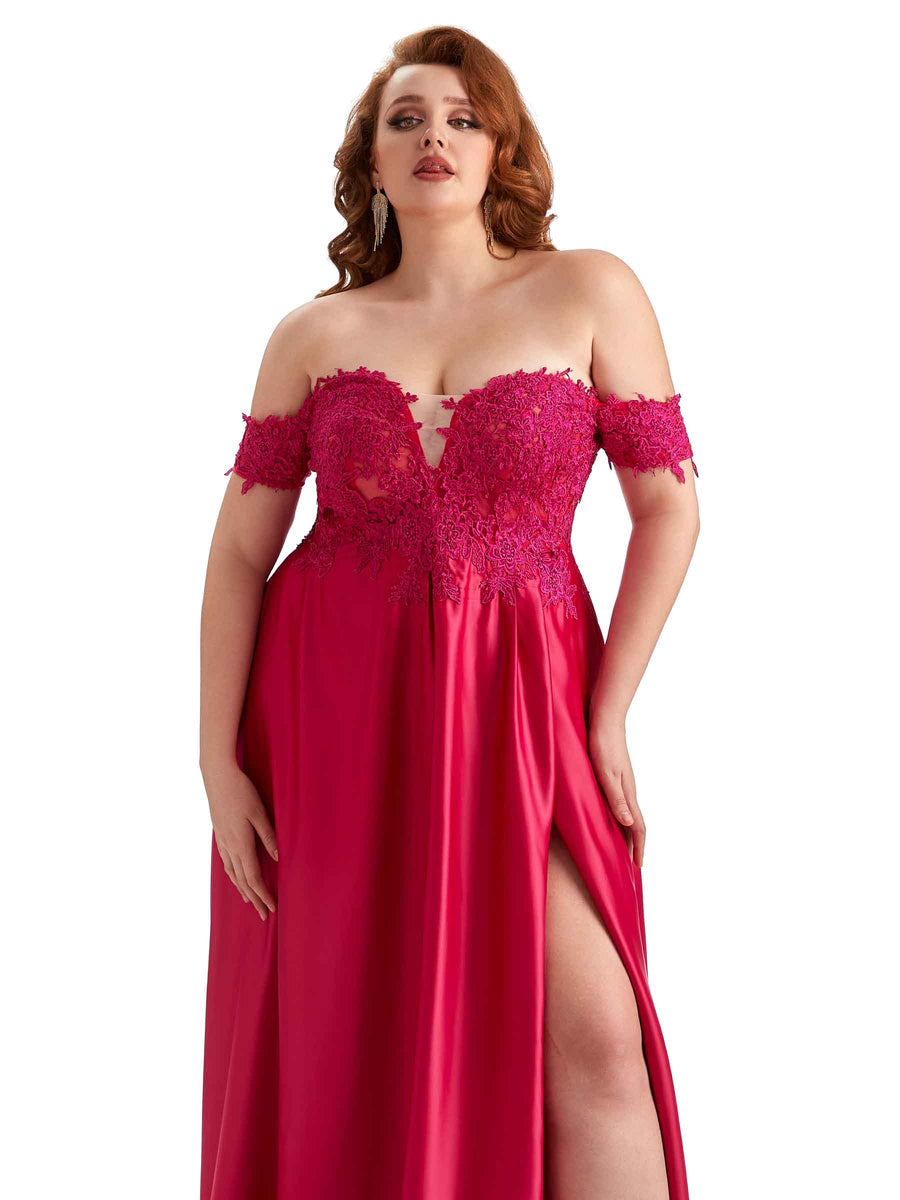 Plus Size Off Shoulder Side Slit Lace Soft Satin Long Bridesmaid Dresses For Wedding