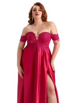 Plus Size Elegant Off The Shoulder Side Slit Lace Soft Satin Long Bridesmaid Dresses Online