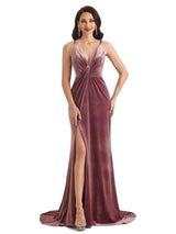 Sexy Mermaid Spaghetti Straps Backless Velvet Side Slit Long Bridesmaid Dresses