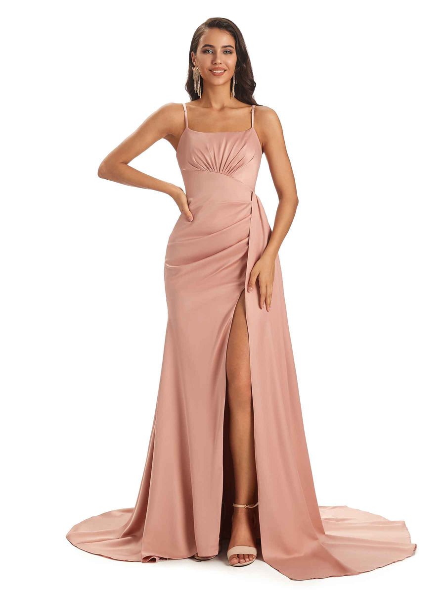 Soft Satin Side Slit Spaghetti Straps Sexy Unique Bridesmaid Dresses Online