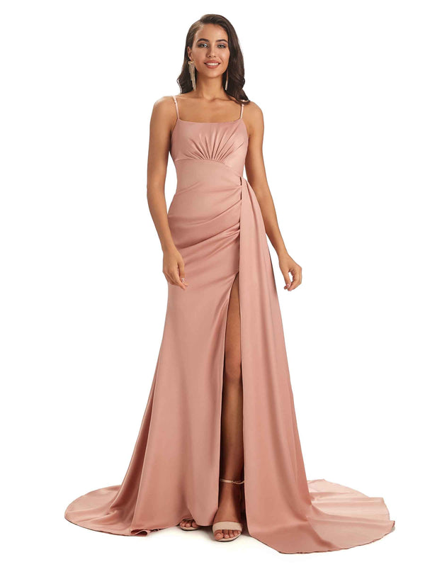 Sexy Satin Long Spaghetti Straps Silky Party Prom Dresses With Slit Sale