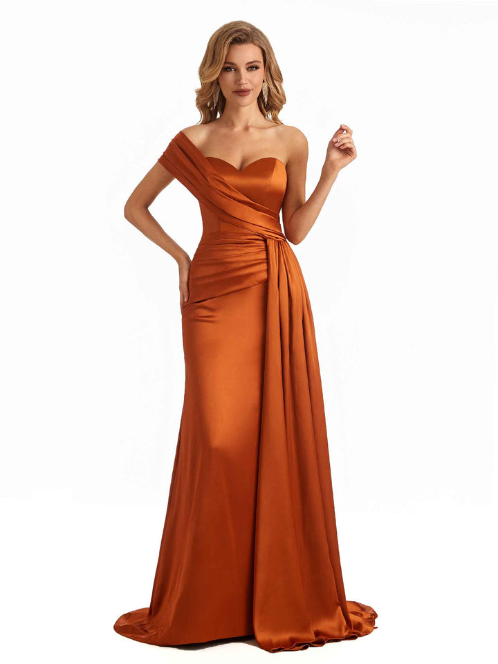 Elegant One Shoulder Soft Satin Long Mermaid Bridesmaid Dresses Online