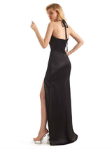 Sexy Side Slit Soft Satin Halter Long Mermaid Wedding Guest Dresses Online