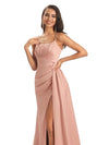 Modern Side Slit Spaghetti Straps Long Satin Dresses To Wear To a Wedding As a Guest