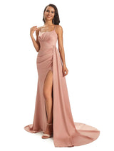 Soft Satin Side Slit Spaghetti Straps Sexy Unique Bridesmaid Dresses Online