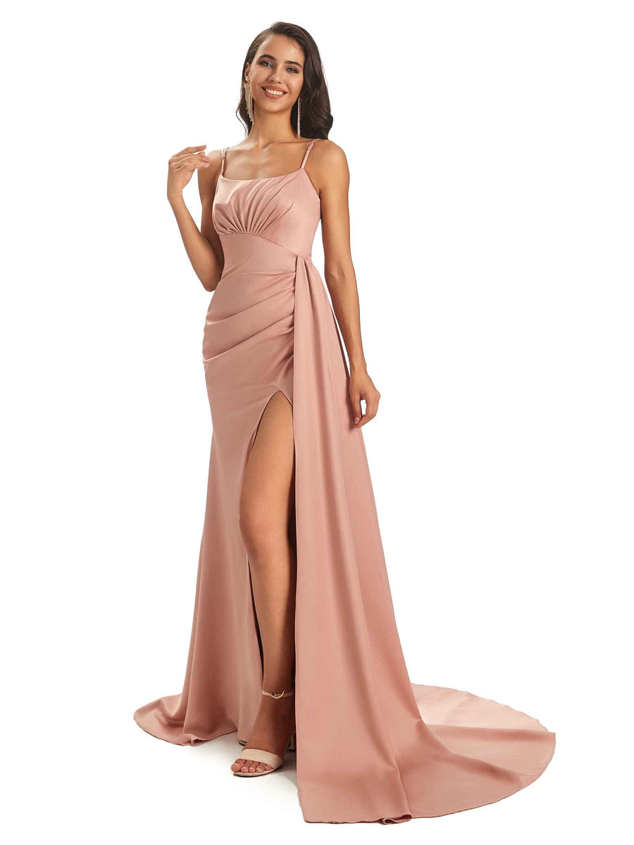 Soft Satin Side Slit Spaghetti Straps Sexy Unique Bridesmaid Dresses Online