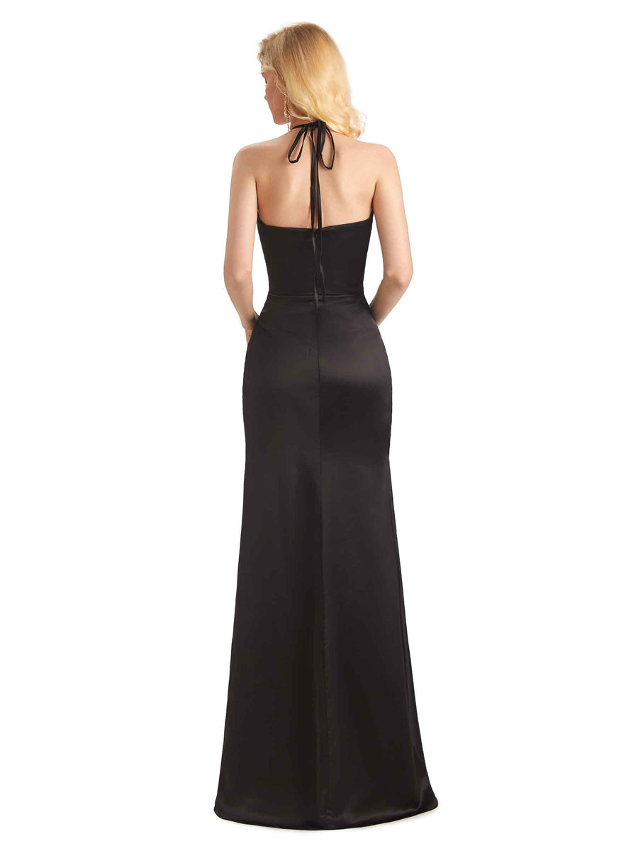 Sexy Side Slit Soft Satin Halter Long Mermaid Wedding Guest Dresses Online