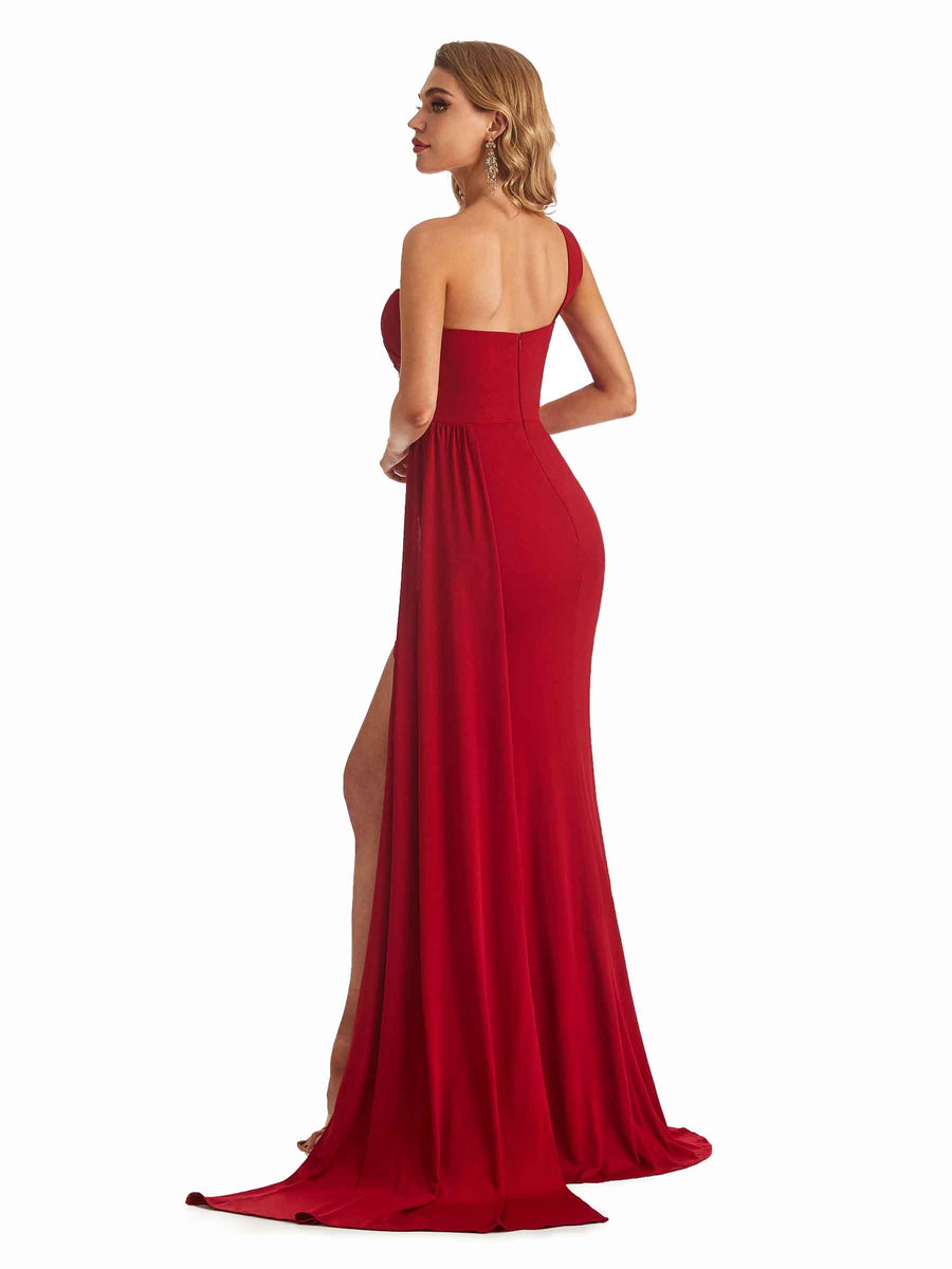 Sexy Mermaid One Shoulder Side Slit Stretchy Jersey Long Formal Bridesmaid Dresses