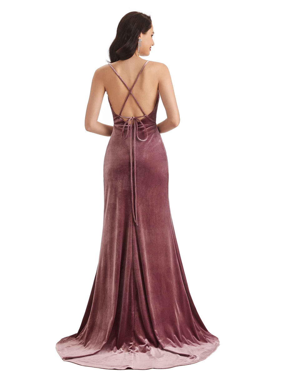 Sexy Mermaid Spaghetti Straps Backless Velvet Side Slit Long Bridesmaid Dresses