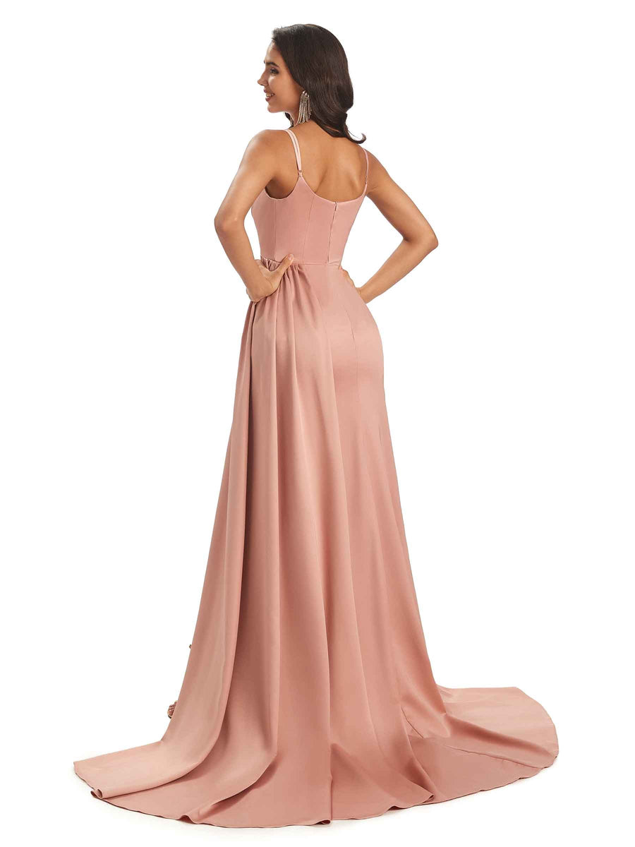 Sexy Satin Long Spaghetti Straps Sexy Prom Dresses With Slit Online