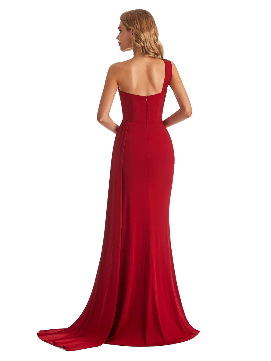 Sexy Mermaid One Shoulder Side Slit Stretchy Jersey Long Formal Bridesmaid Dresses