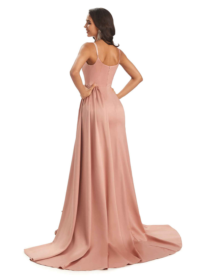 Soft Satin Side Slit Spaghetti Straps Sexy Unique Bridesmaid Dresses Online