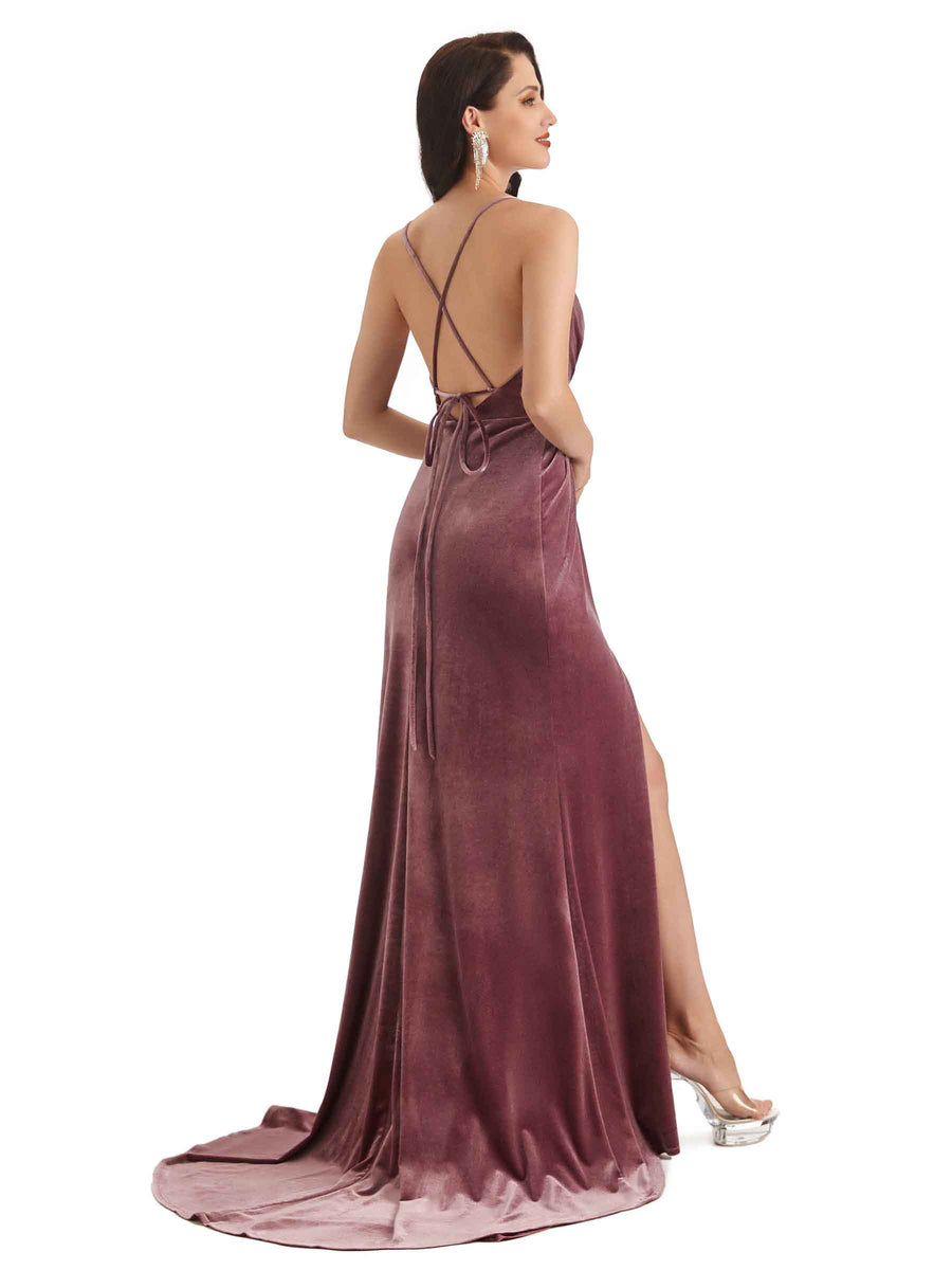 Sexy Mermaid Spaghetti Straps Backless Velvet Side Slit Long Bridesmaid Dresses