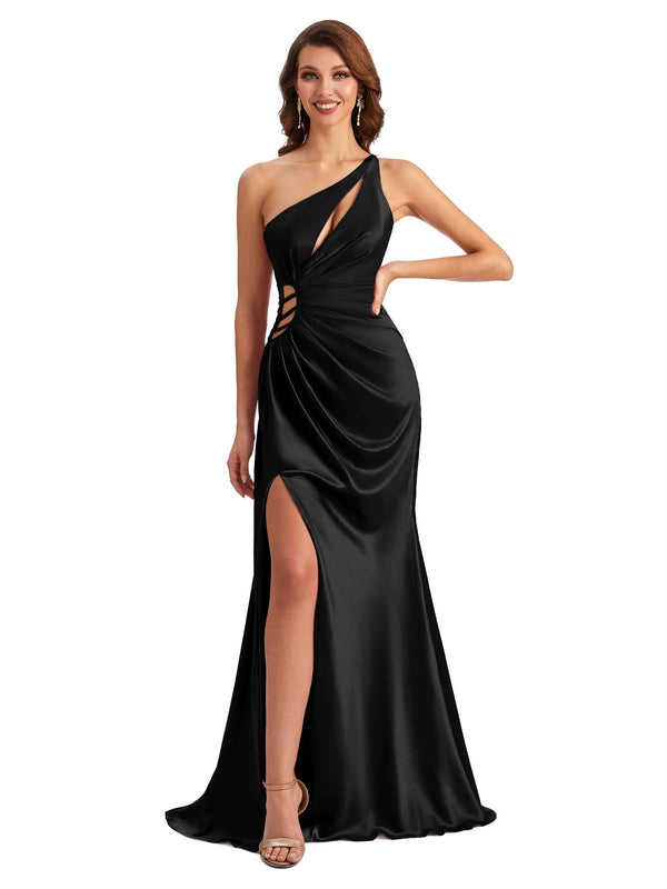 Sexy One Shoulder Side Slit Mermaid Silky Satin Long Maxi Dress For ...