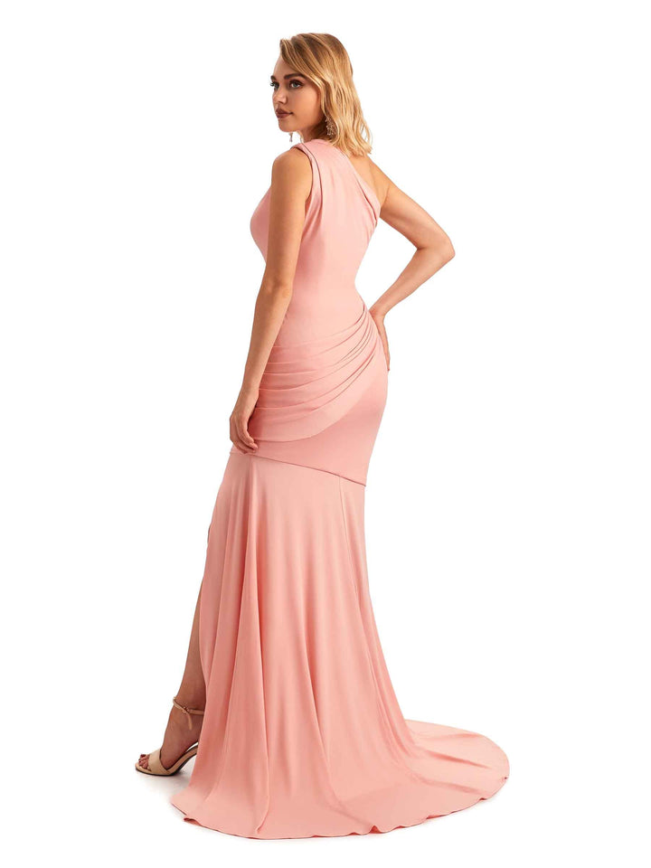 Sexy Mermaid One Shoulder Side Slit Stretchy Jersey Long Formal Bridesmaid Dresses