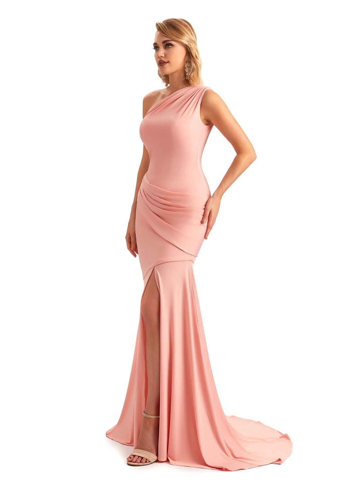 Sexy Mermaid One Shoulder Side Slit Stretchy Jersey Long Formal Bridesmaid Dresses