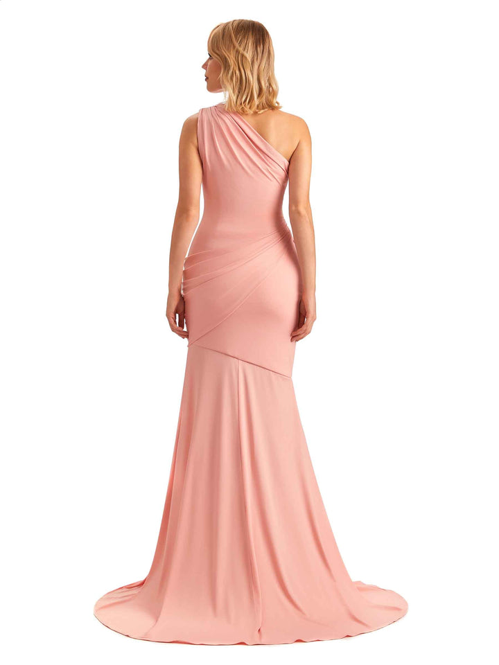 Sexy Mermaid One Shoulder Side Slit Stretchy Jersey Long Formal Bridesmaid Dresses