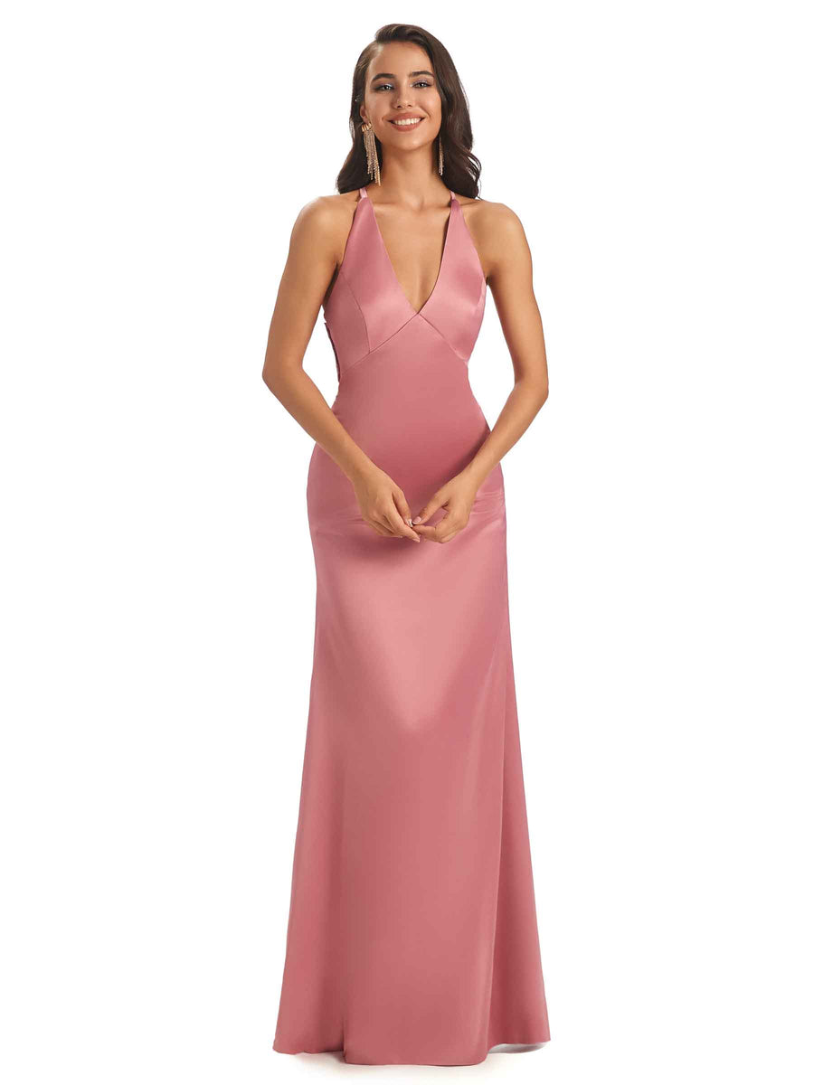 Modern Soft Satin V-neck Halter Sexy Unique Bridesmaid Dresses Online