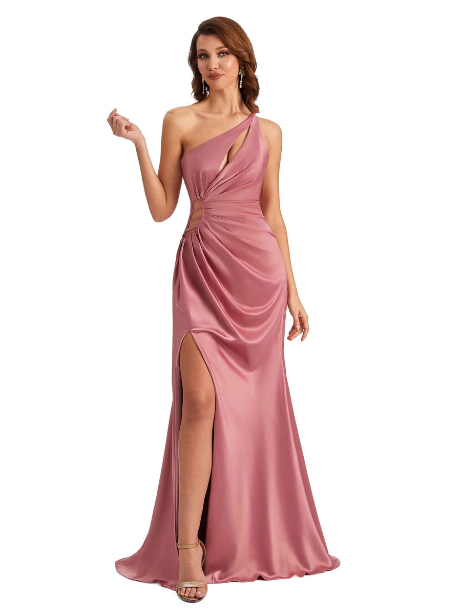 Sexy One Shoulder Side Split Mermaid Silky Satin Maid of Honor Dresses