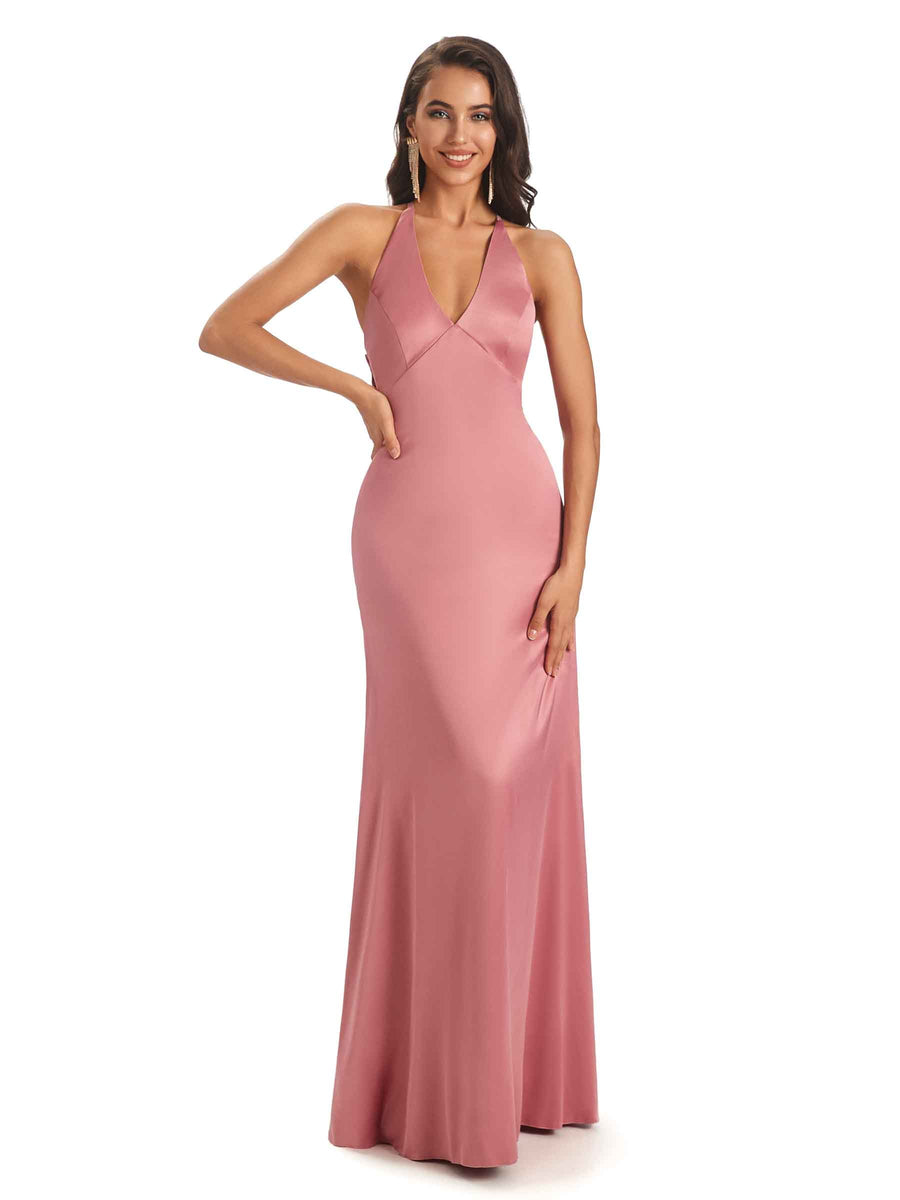 Elegant Soft Satin V-neck Halter Sexy Party Prom Dresses Online Sale
