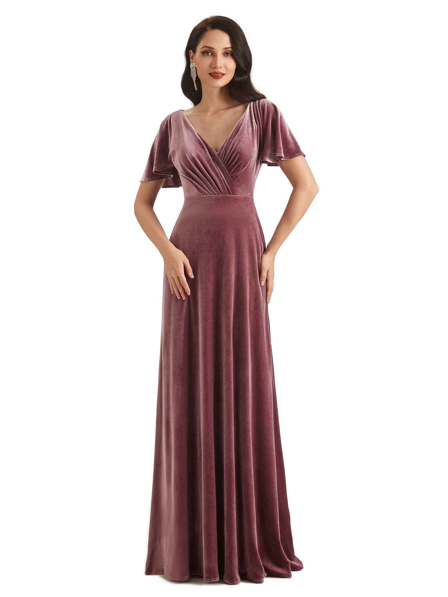 Sexy See Through V-neck Short Sleeves Velvet Long Bridesmaid Dresses Online