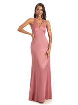Elegant Soft Satin V-neck Halter Sexy Party Prom Dresses Online Sale