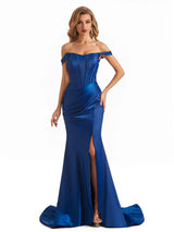 Sexy Side Slit Soft Satin Off The Shoulder Long Mermaid Bridesmaid Dresses
