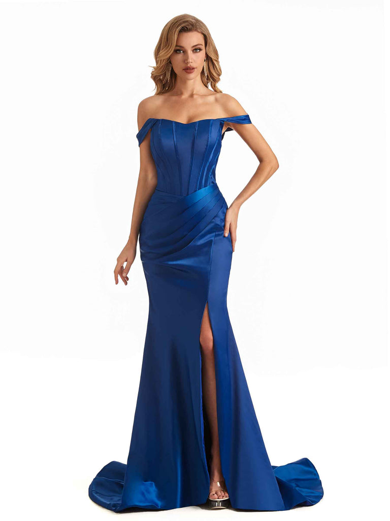 Sexy Side Slit Soft Satin Off The Shoulder Long Mermaid Bridesmaid Dresses