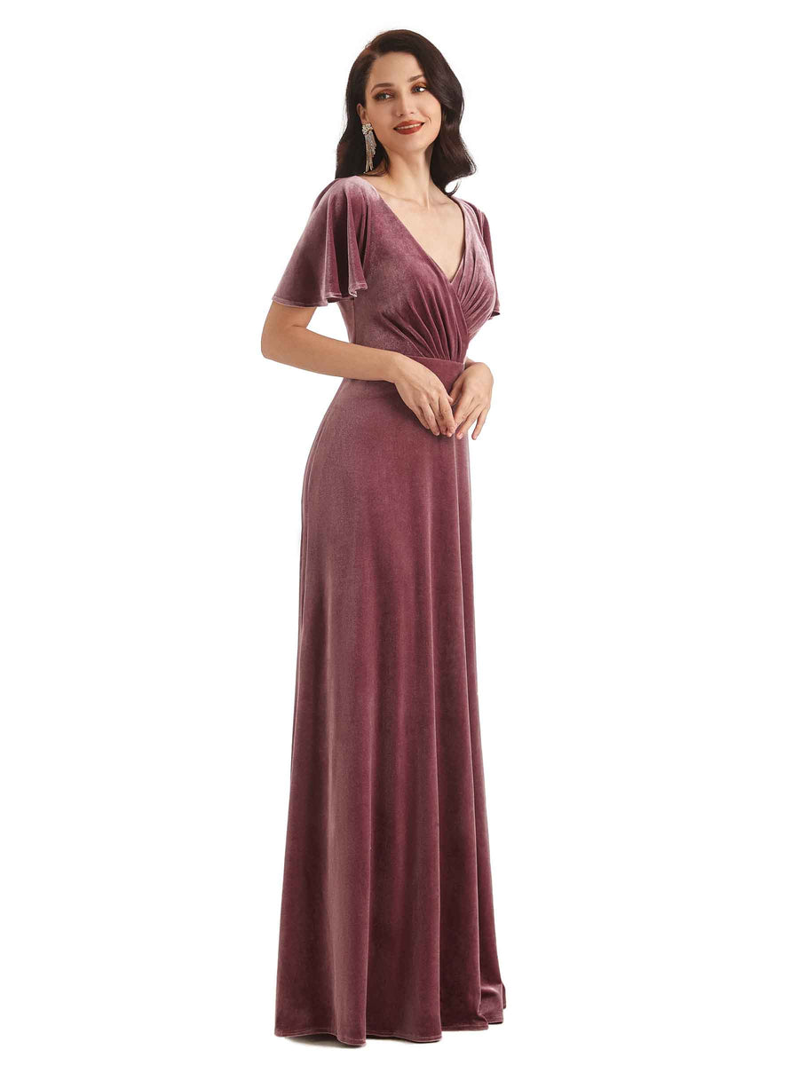 Sexy See Through V-neck Short Sleeves Velvet Long Bridesmaid Dresses Online