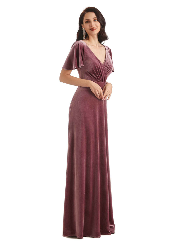 Sexy See Through V-neck Short Sleeves Velvet Long Bridesmaid Dresses Online Sexy See Through V-neck Short Sleeves Velvet Long Bridesmaid Dresses Online