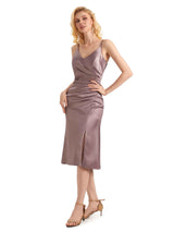 Sexy Side Slit Spaghetti Short Midi Satin Formal Prom Dresses Online