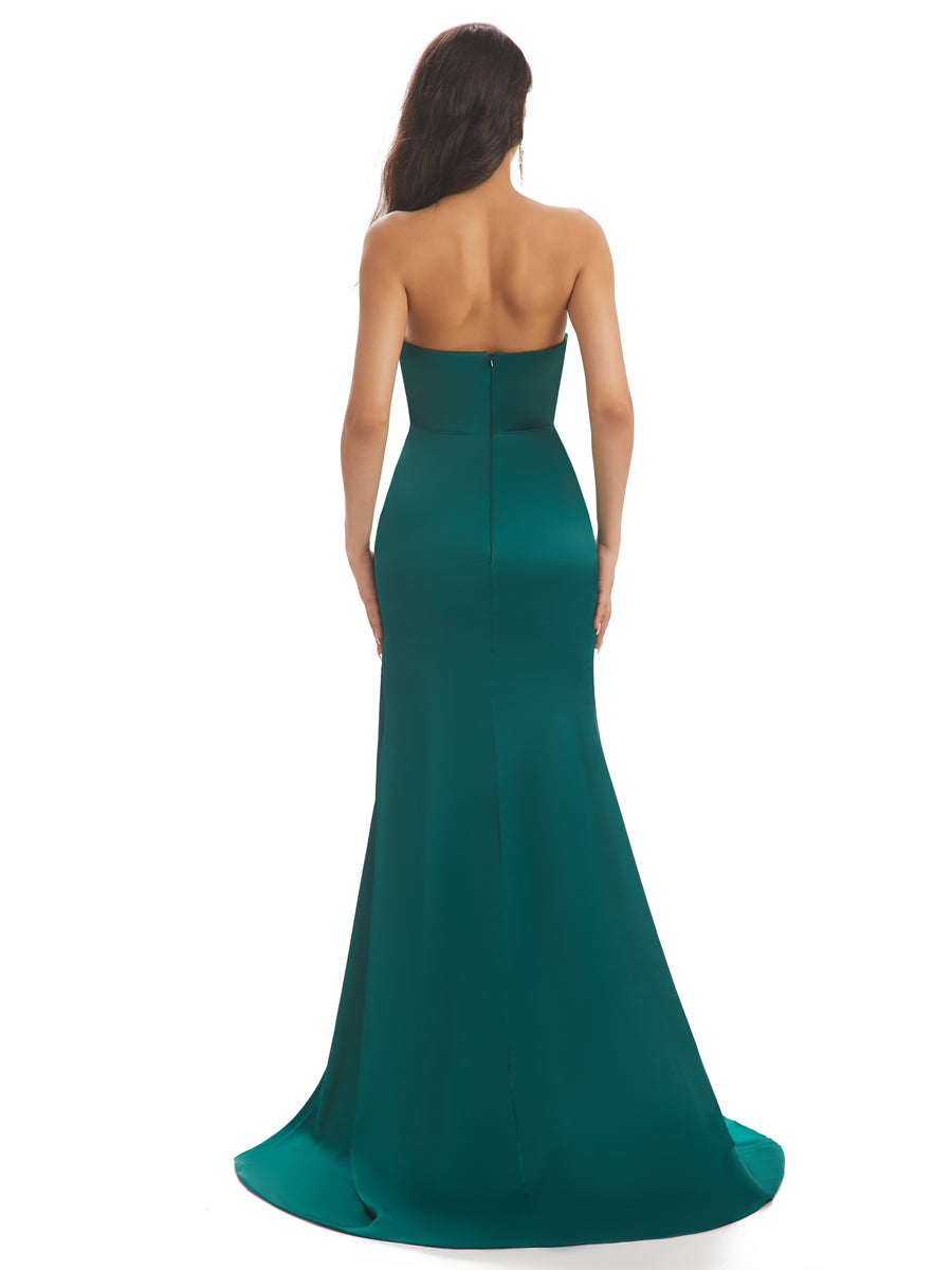 Sweetheart Strapless Mermaid Side Slit Soft Satin Long Bridesmaid Dresses Online
