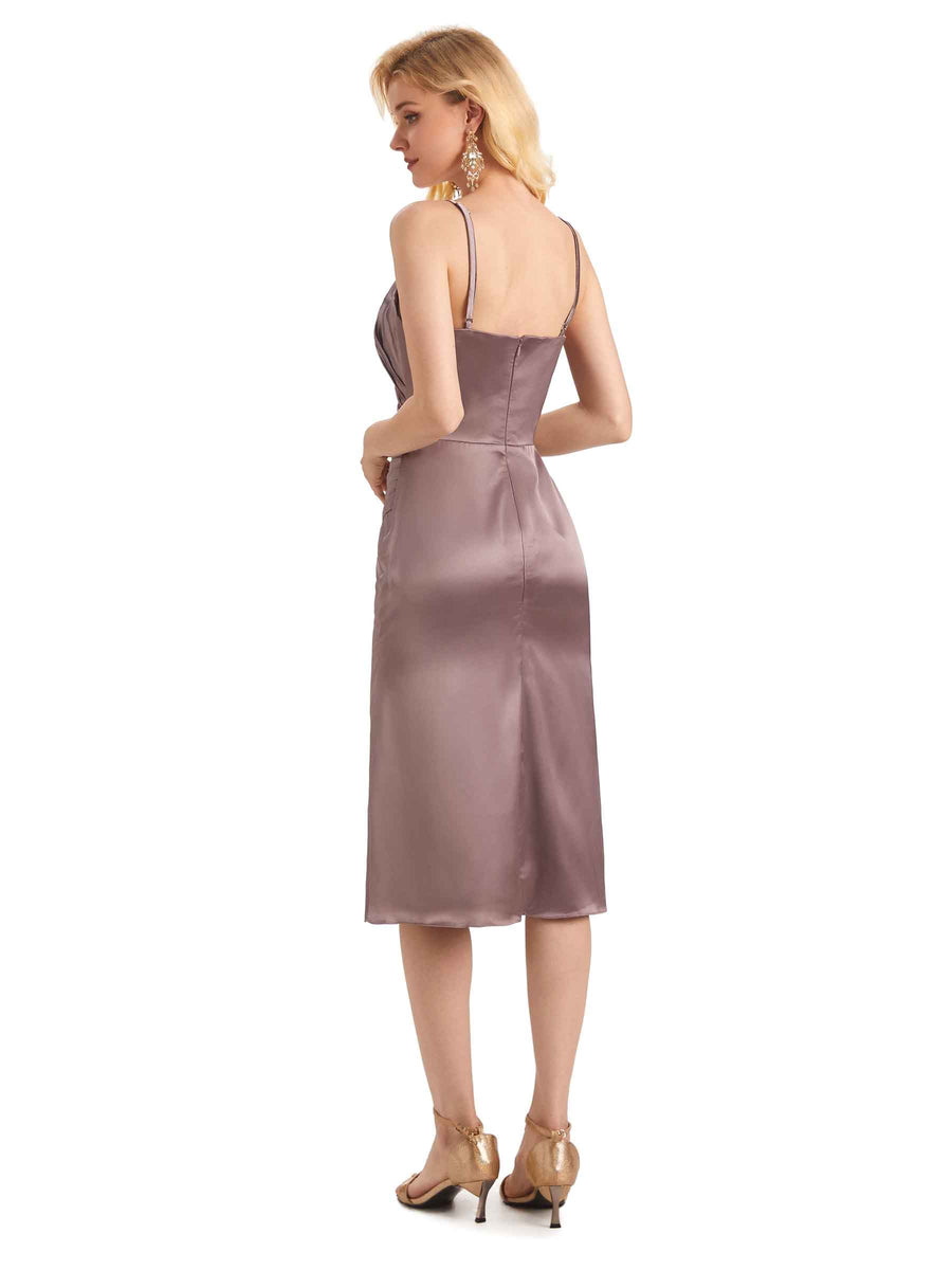 Sexy Side Slit Spaghetti Short Midi Satin Wedding Guest Dresses Online