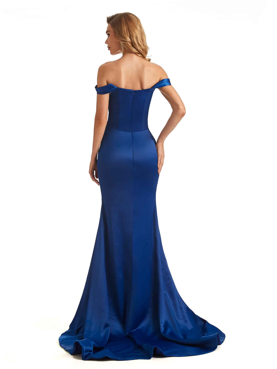 Sexy Side Slit Soft Satin Off The Shoulder Long Mermaid Bridesmaid Dresses