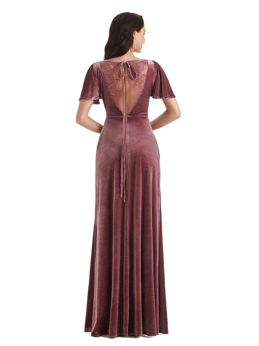 Sexy See Through V-neck Short Sleeves Velvet Long Bridesmaid Dresses Online