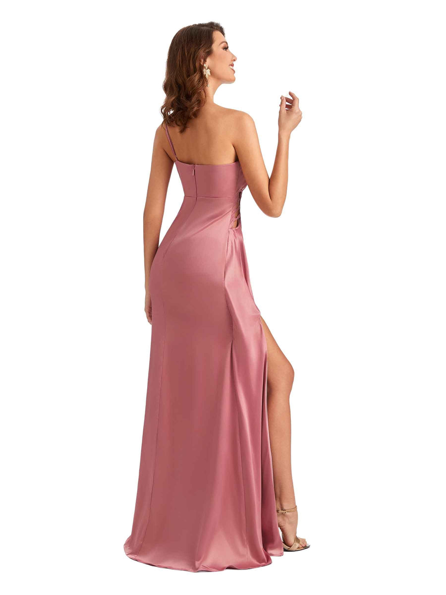 Sexy One Shoulder Side Split Mermaid Silky Satin Maid of Honor Dresses