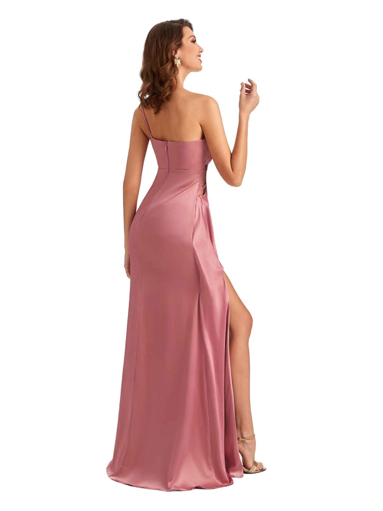 Sexy One Shoulder Side Slit Mermaid Silky Satin Maid of Honor Dresses