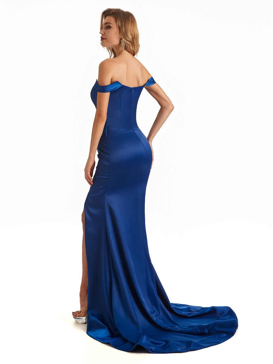 Sexy Side Slit Soft Satin Off The Shoulder Long Mermaid Bridesmaid Dresses