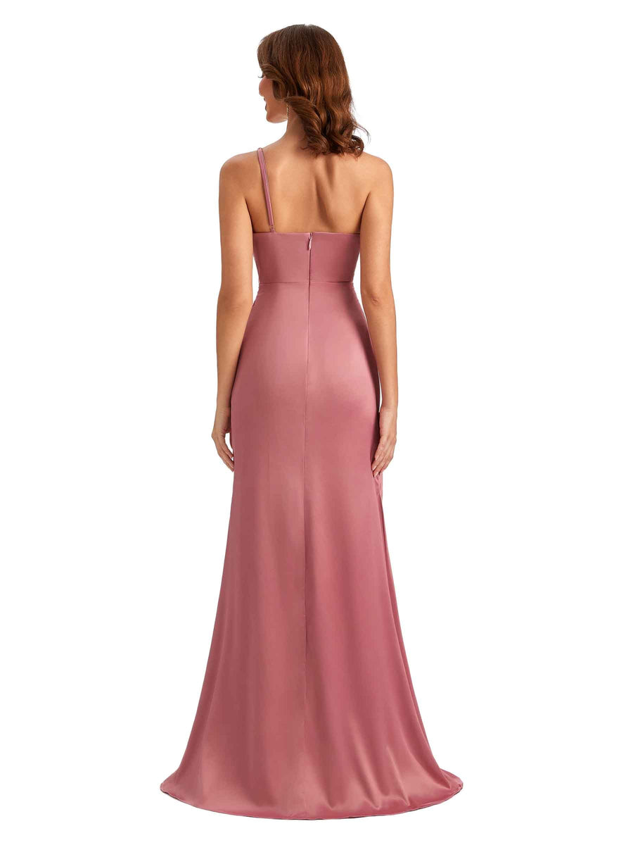 Sexy One Shoulder Side Split Mermaid Silky Satin Maid of Honor Dresses